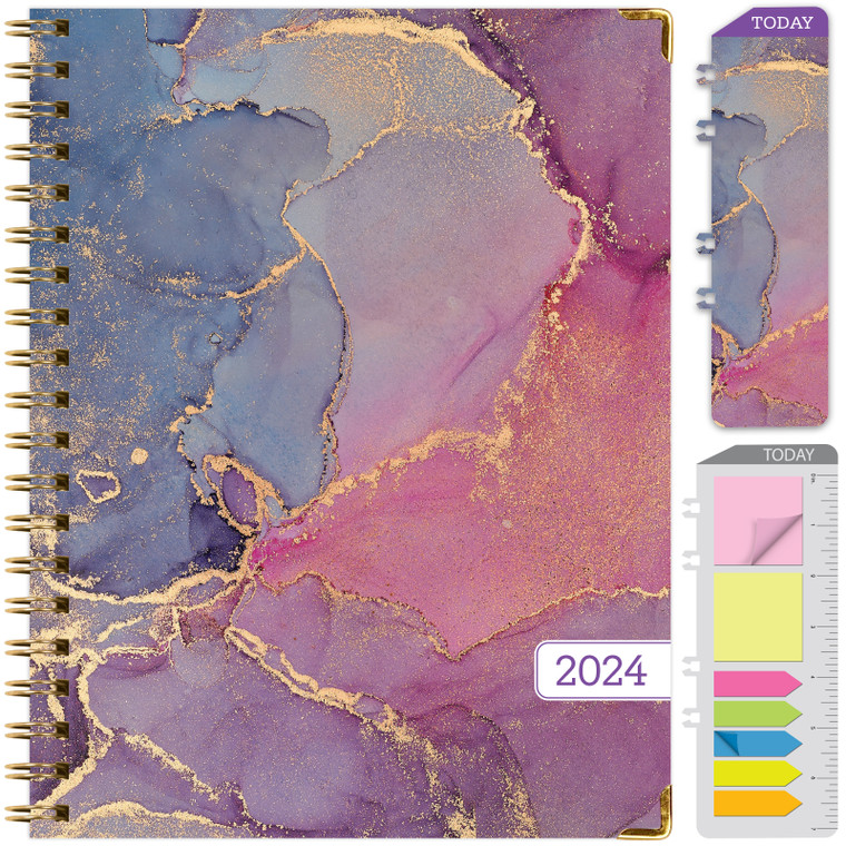 HARDCOVER 2024 Planner: (November 2023 Through December 2024) 8.5"x11" Daily Weekly Monthly Planner Yearly Agenda. Bookmark, Pocket Folder and Sticky Note Set (Pink Purple Marble)