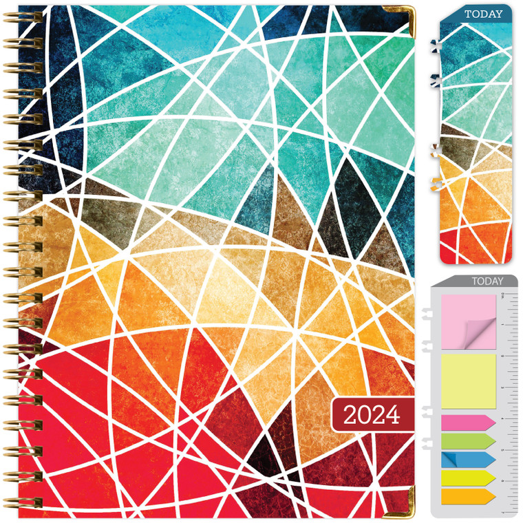 HARDCOVER 2024 Planner: (November 2023 Through December 2024) 8.5"x11" Daily Weekly Monthly Planner Yearly Agenda. Bookmark, Pocket Folder and Sticky Note Set (Abstract Stained Glass)