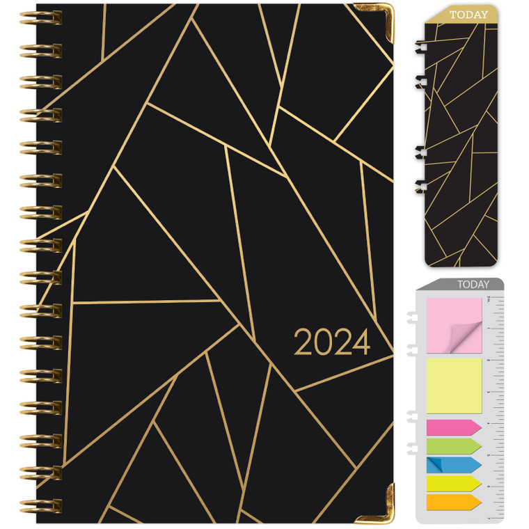 HARDCOVER 2024 Planner: (November 2023 Through December 2024) 5.5"x8" Daily Weekly Monthly Planner Yearly Agenda. Bookmark, Pocket Folder and Sticky Note Set (Black Gold Triangles (FOIL))