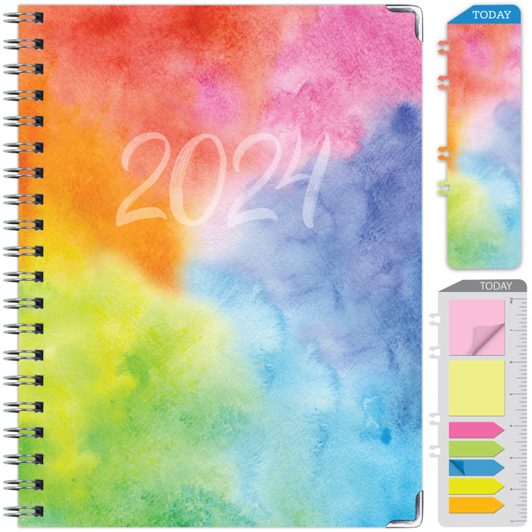 HARDCOVER 2024 Planner: (November 2023 Through December 2024) 8.5"x11" Daily Weekly Monthly Planner Yearly Agenda. Bookmark, Pocket Folder and Sticky Note Set (Rainbow Watercolors)