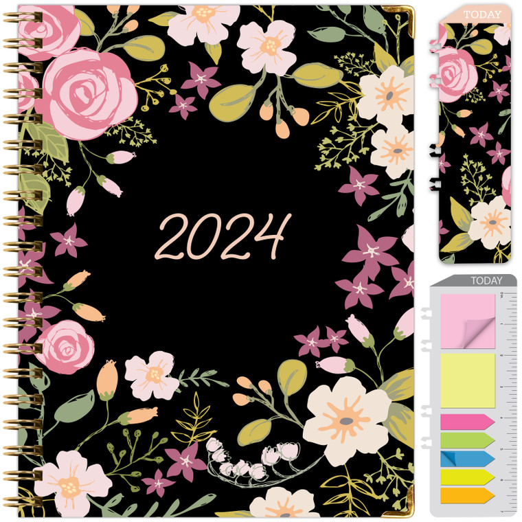 HARDCOVER 2024 Planner: (November 2023 Through December 2024) 8.5"x11" Daily Weekly Monthly Planner Yearly Agenda. Bookmark, Pocket Folder and Sticky Note Set (Black Floral Pink)