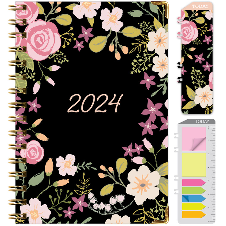 HARDCOVER 2024 Planner: (November 2023 Through December 2024) 5.5"x8" Daily Weekly Monthly Planner Yearly Agenda. Bookmark, Pocket Folder and Sticky Note Set (Black Floral Pink)