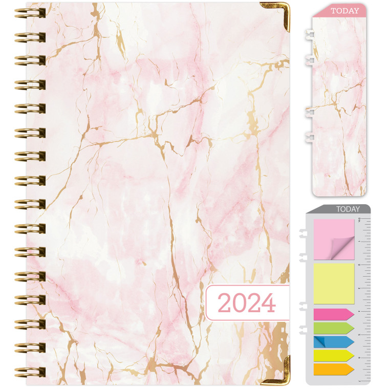 HARDCOVER 2024 Planner: (November 2023 Through December 2024) 5.5"x8" Daily Weekly Monthly Planner Yearly Agenda. Bookmark, Pocket Folder and Sticky Note Set (Pink Marble)