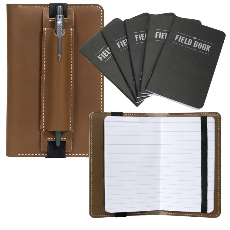 Five 3.5" x 5.5" Black Field Books and Leather Folio Cover Kit