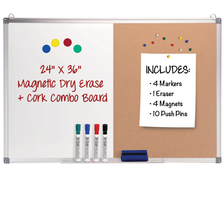 Hanging Combination Board (Cork and Dry Erase) 24" x 36"  w/ Markers, Magnets and Pins