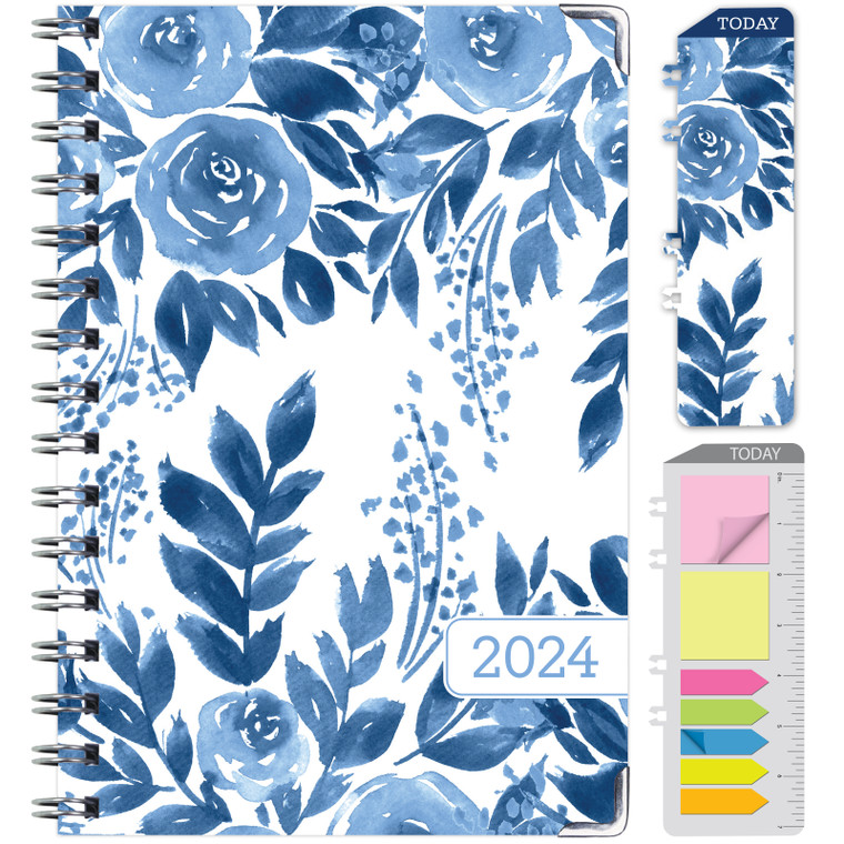 HARDCOVER 2024 Planner: (November 2023 Through December 2024) 5.5"x8" Daily Weekly Monthly Planner Yearly Agenda. Bookmark, Pocket Folder and Sticky Note Set (Blue Bloom)