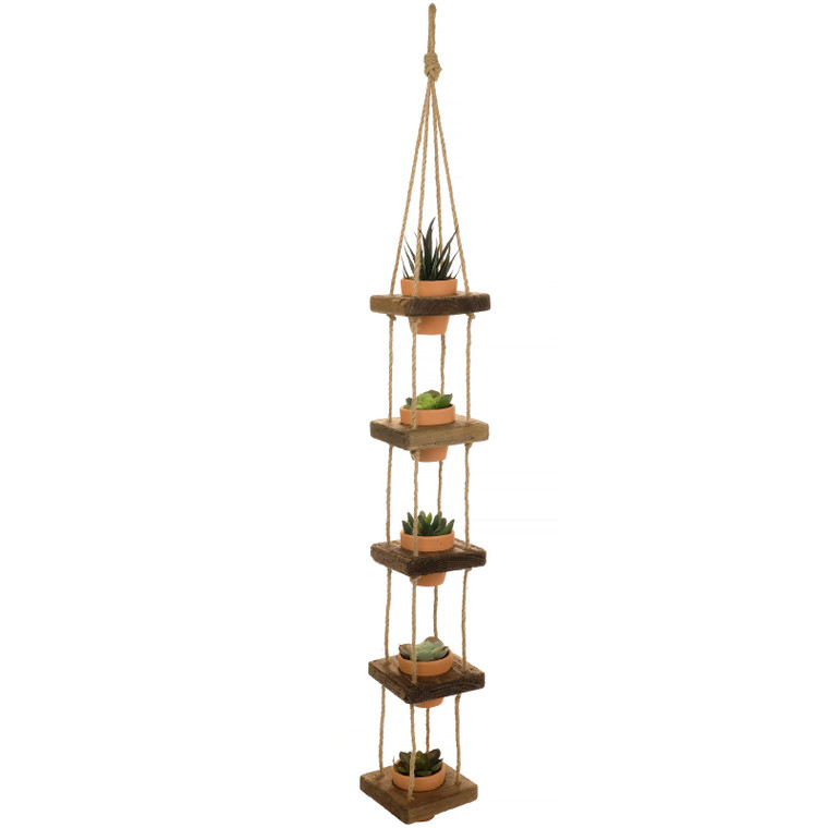 Excello Global Products Rustic 5-Tier Wooden Hanging Planter with Distressed Finish - Farmhouse Style. Comes with 5 Terracotta Pots, Ready for Hanging.
