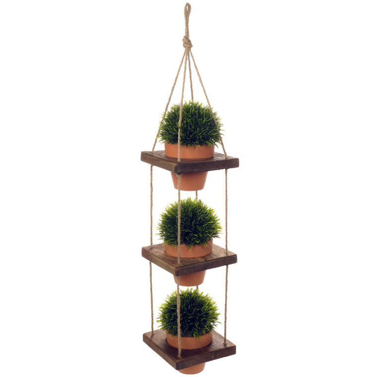 Excello Global Products Rustic 3-Tier Wooden Hanging Planter with Distressed Finish - Farmhouse Style. Comes with 3 Terracotta Pots, Ready for Hanging.