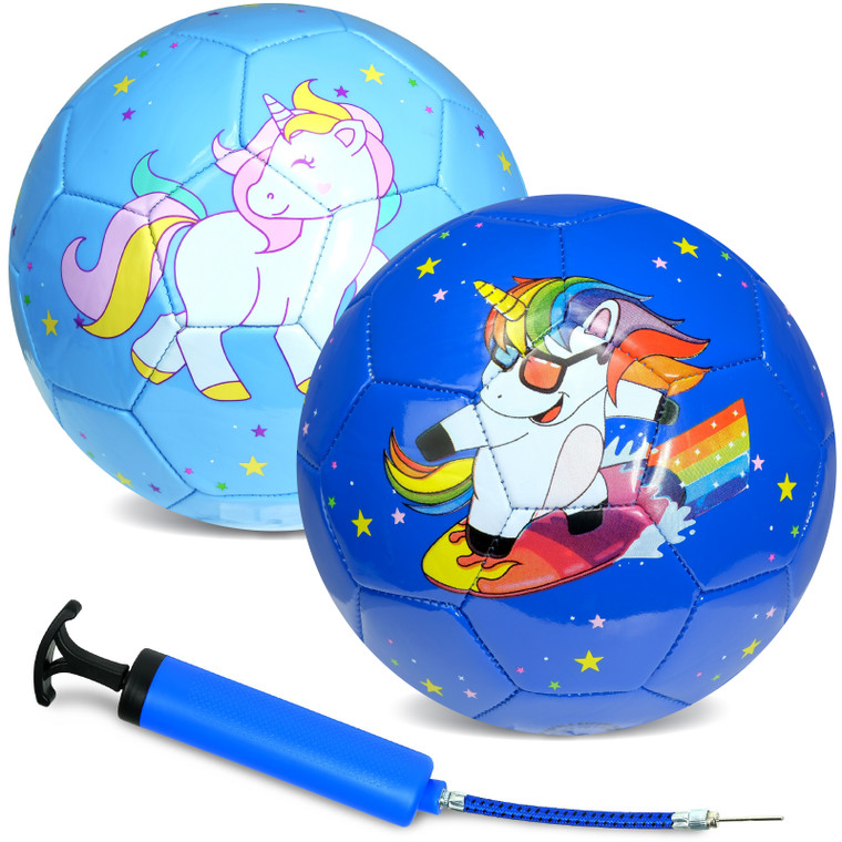 Xcello Sports Kids Soccer Ball Soft Thick Durable TPU Cover  2 Pack With Pump (Available in Size 2, and Size 3) (Blue/Rainbow)