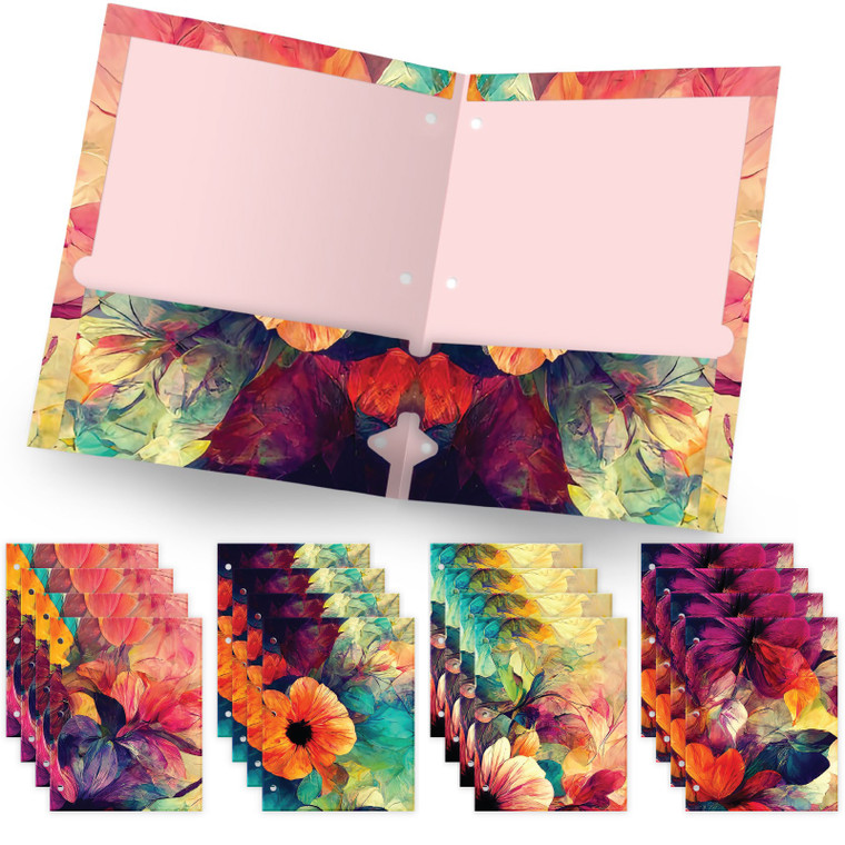Global Printed Products Deluxe Designer Pocket Folders, Letter Size, 3-hole Punched, 4 Patterns, 16/pk (Floral)
