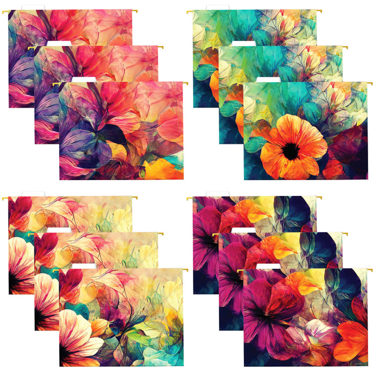 Global Printed Products Deluxe Designer Printed Hanging File Folders, 4 Patterns, Letter Size, 12/pk (Floral)