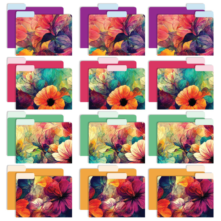 Global Printed Products Deluxe Designer Printed File Folders, 1/3 Cut Tab, Assorted Positions, Letter Size, 24/pk (Floral)