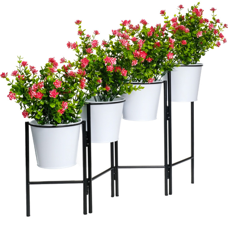Accordion Plant Stand with Four 5.75-inches Planters, All Metal, Black and White, Use Indoors or Outdoors, Great for Herbs and Succulents