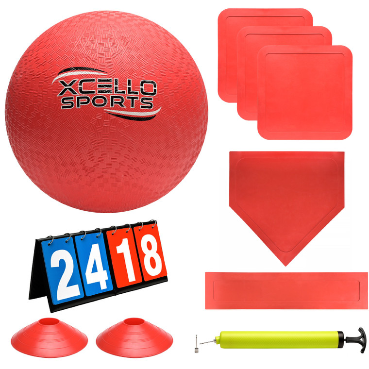 Kickball Set - 10" Playground Ball, Throw Down Bases, Foul Marker Discs, 12" Pump and Scoreboard