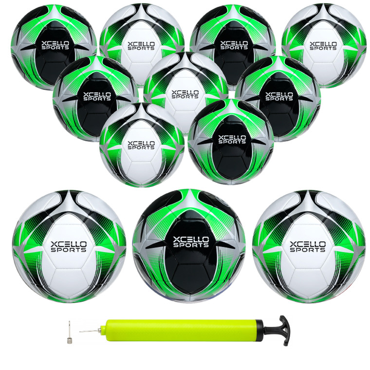 Soccer Ball (Black/Green/Silver, White/Green/Silver) w/Pump - Size 3, 4 or 5 and 2, 6 or 12 Packs