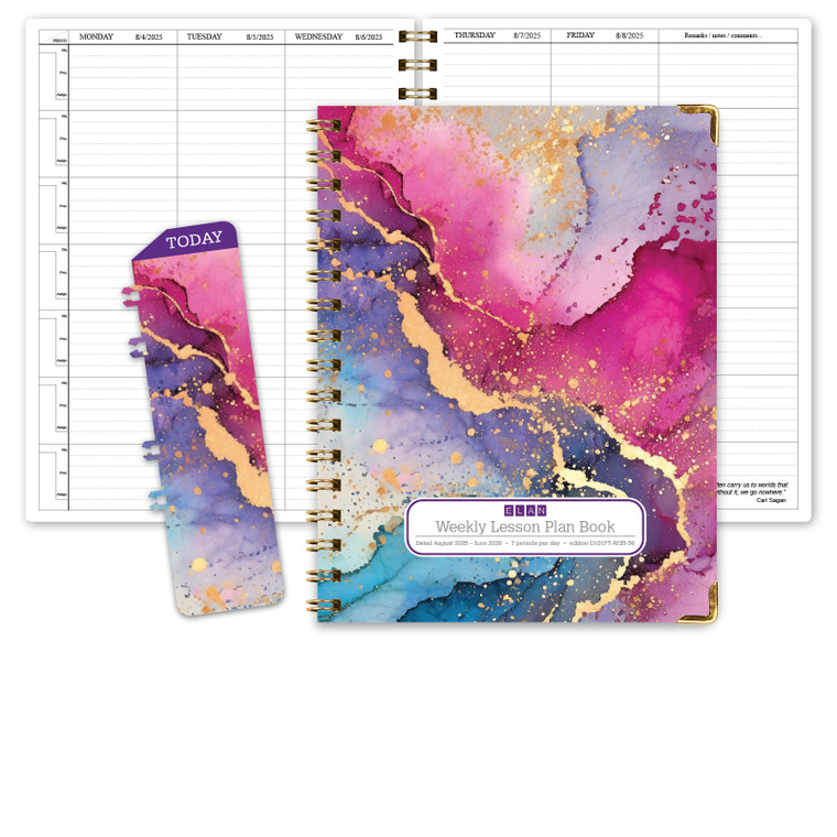 Hardcover Teacher Lesson Plan 7 Period: Days Horizontally Across The Top, 8.5"x11",  AY 2025-2026 (Rainbow Gold Marble)
