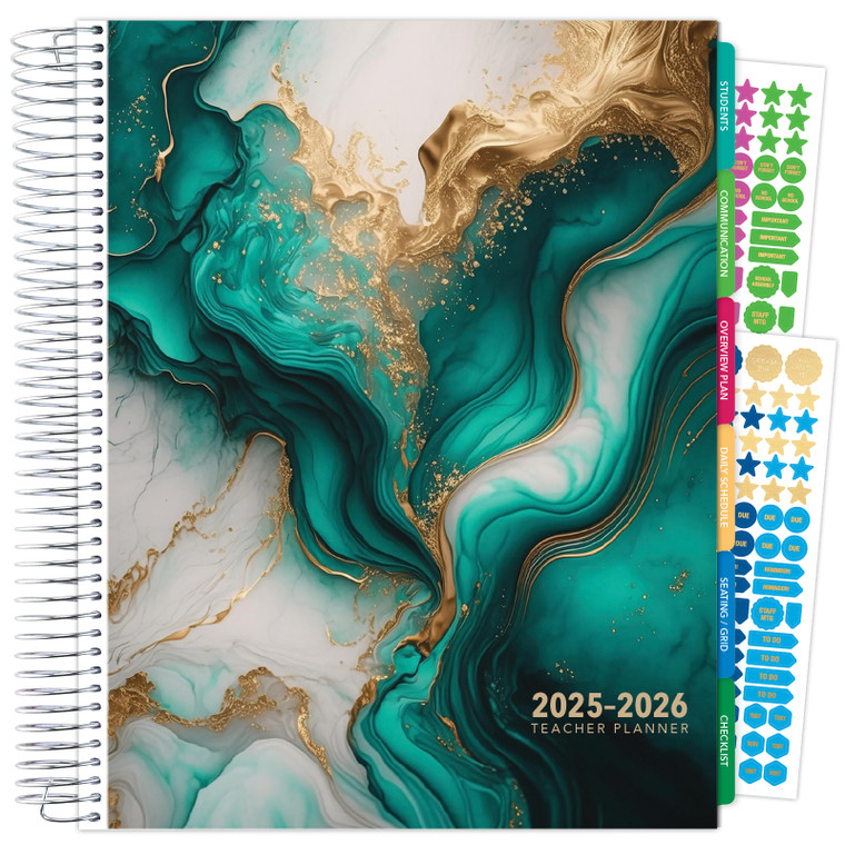 Deluxe Teacher AY 2025-2026 Planner - 8.5"x11" (Teal Gold Marble)