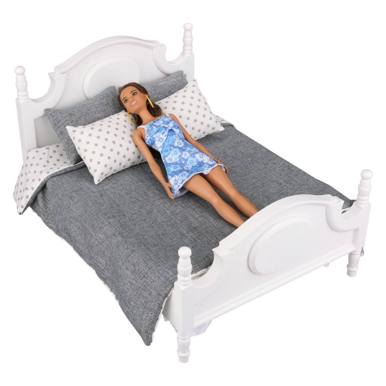 White Wooden Miniature Dollhouse Queen Bed Bedding Barbie bed