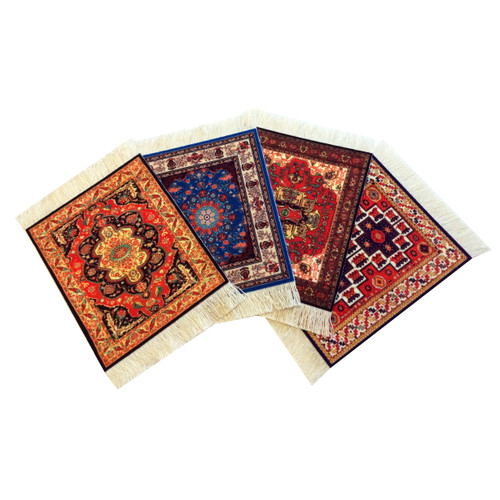 4 Rug Table Drink Coasters with Carpet Designs from Fabric and Rubber 6"x4"