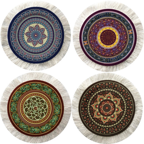 Inusitus Set of 4 Carpet Drink Coasters with Round Oriental Design 6" Diameter