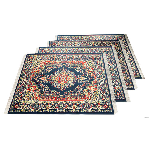 Set of 4 Table Placemats with Miniature Oriental Rug Design - Blue Carpet Mats for Dining Room and Kitchen