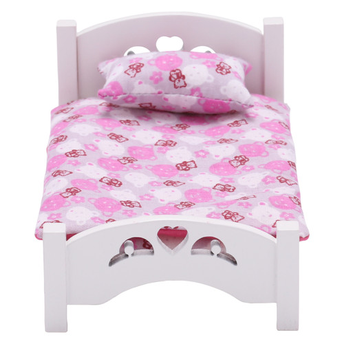 Dollhouse Furniture Bed Set with Pink Bedding, Realistic Bedroom Accessories for 6 inch Dolls, White Wood, 1/12 Scale
