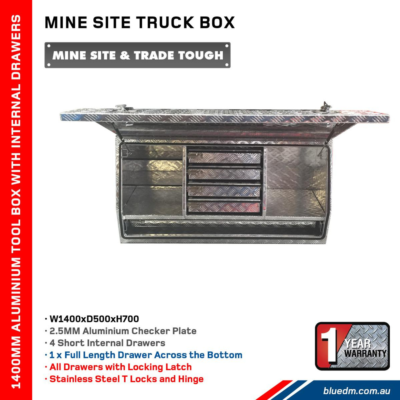 Tool Box 1400 Full Door 4 Drawers Aluminium- Ute & Truck
