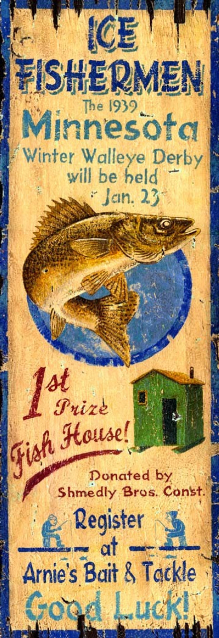 Vintage Ice Fishing Sign  Rustic Fishing Advertisement