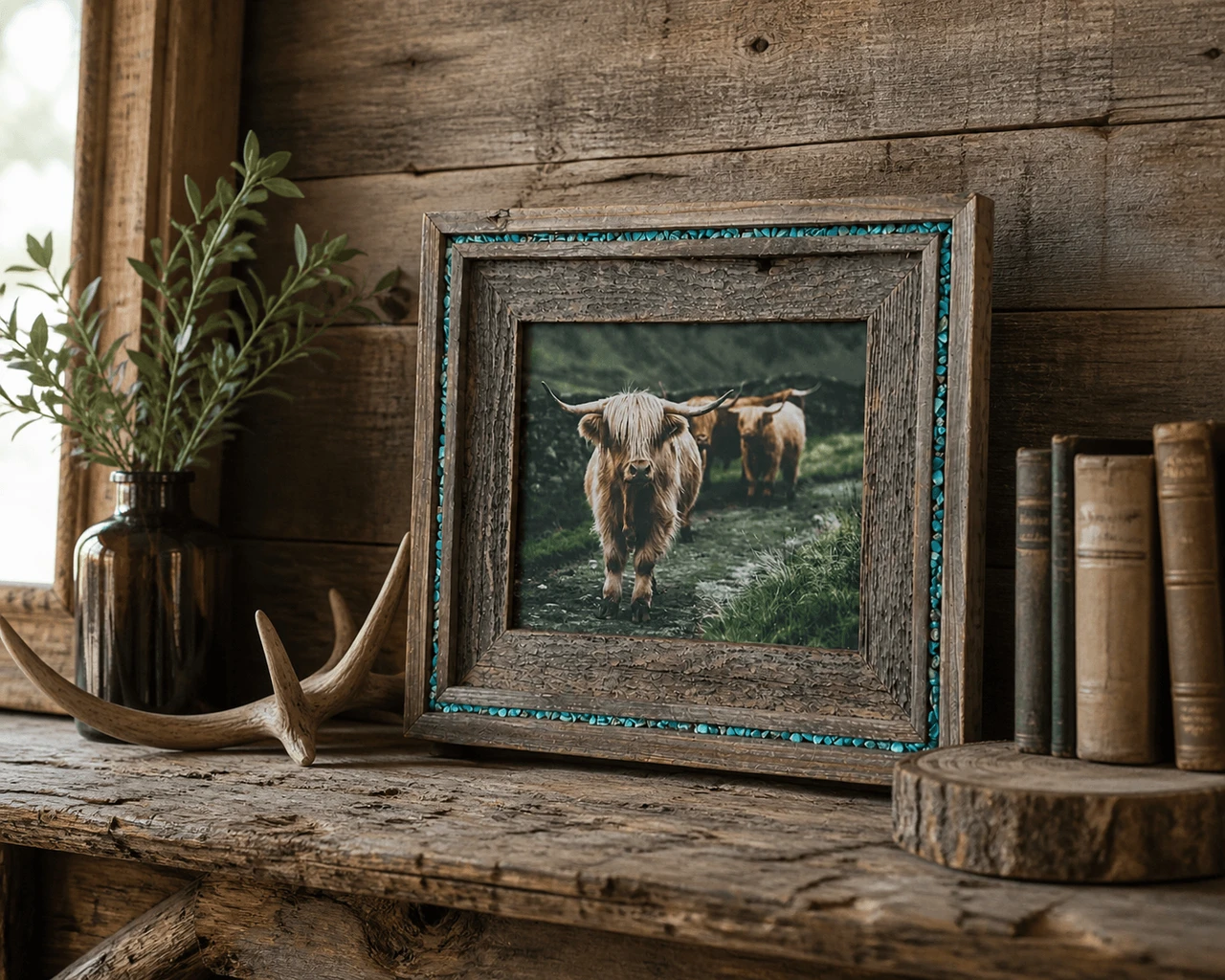 Rustic Barnwood Picture Frame with Turquoise Inlay