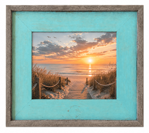 16x20 Robin egg blue barnwood picture frame handcrafted from reclaimed wood. Rustic turquoise photo frame perfect for beach house decor, coastal homes, cottage style interiors, family photos, and farmhouse decorating.