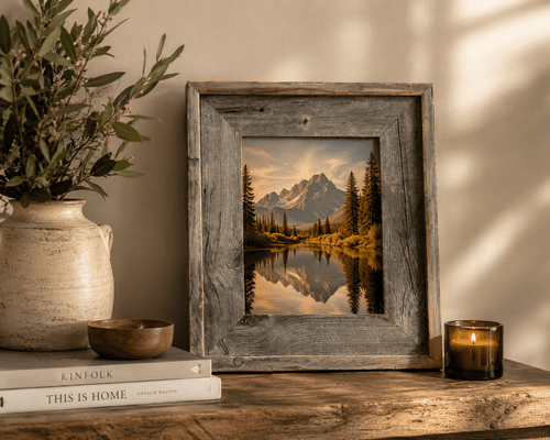 Weathered rustic picture frame for family portraits and farmhouse wall displays

