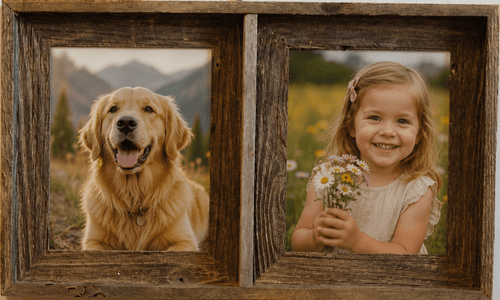 Rustic farmhouse wall frame with double photo openings and weathered wood grain