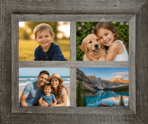 Rustic barnwood windowpane collage picture frame with multiple 8x10 openings