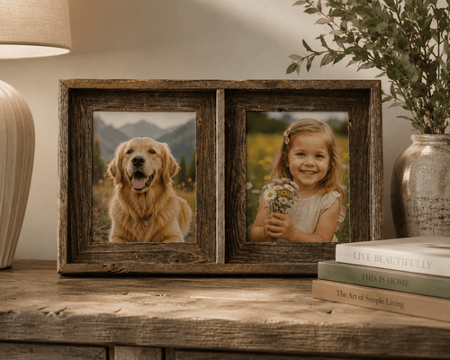 Reclaimed wood double photo frame for family portraits wedding pictures or artwork