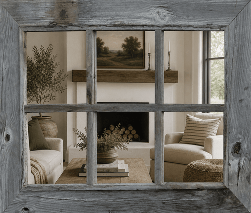 Rustic window pane barnwood mirror with six panes and reclaimed wood frame