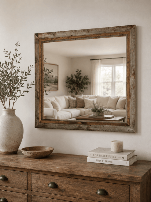 Rustic Hobble Creek mirror handcrafted from reclaimed barnwood with rich alder overlay and farmhouse wall décor styling