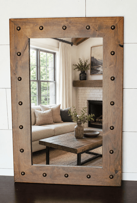 Santa Fe stained alder wood mirror with decorative tacks and rustic southwestern farmhouse styling