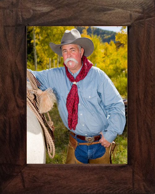 Rustic 11x14 distressed wood picture frame in dark walnut stain with hand-applied glaze. Solid knotty alder construction, perfect for farmhouse, western, and cabin décor.