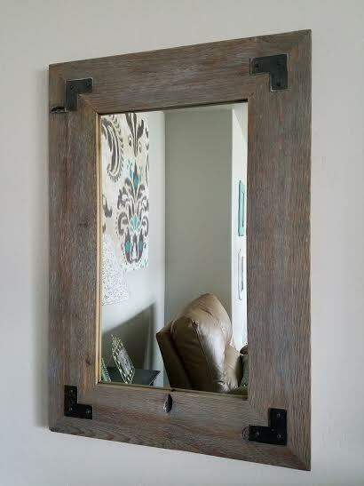 Distressed Wood Mirror with Metal Brackets