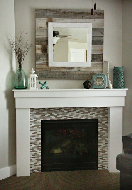 Square barnwood slat mirror with white overlay farmhouse wall decor