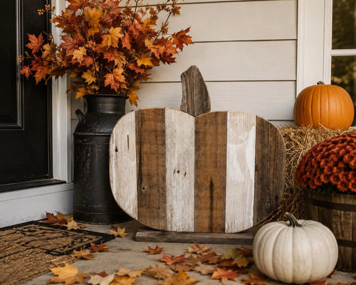 Rustic reclaimed barnwood pumpkin porch decor handcrafted from authentic reclaimed wood, perfect for farmhouse fall, Halloween, and autumn decorating.