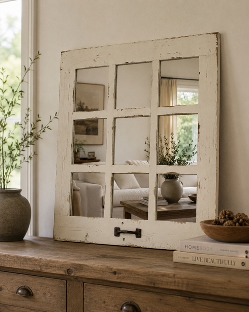Rustic white window pane mirror with distressed farmhouse finish and 9 pane grid design reflecting a cozy neutral living room