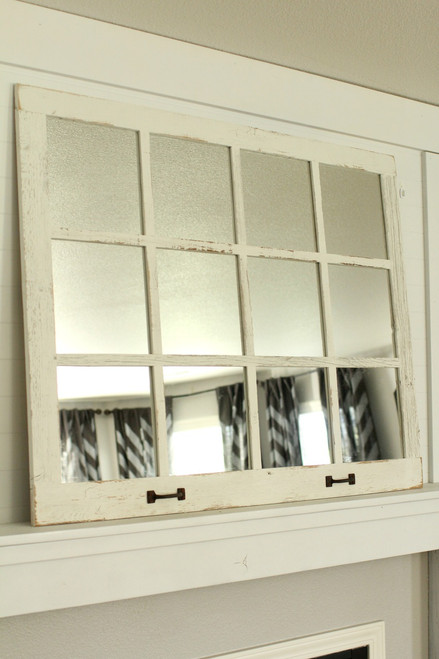 Rustic 12 pane farmhouse window mirror in distressed white reclaimed barnwood with vintage metal handles, large wall mirror 44x34 for entryway or living room.