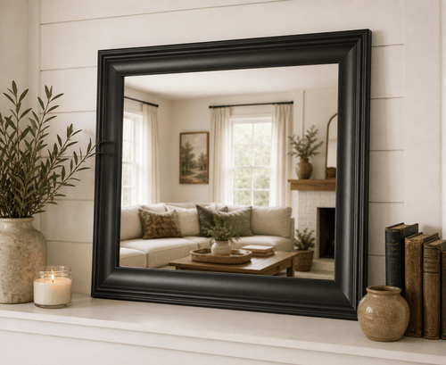 Black poplar wood wall mirror with traditional handcrafted frame for vanity bathroom or entryway decor