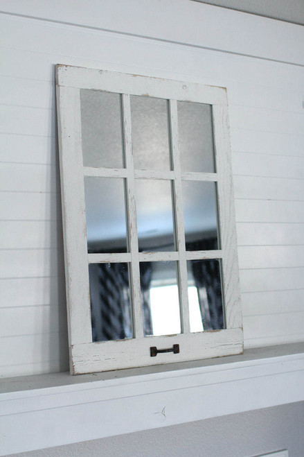 Rustic white wood windowpane mirror hanging wall decor