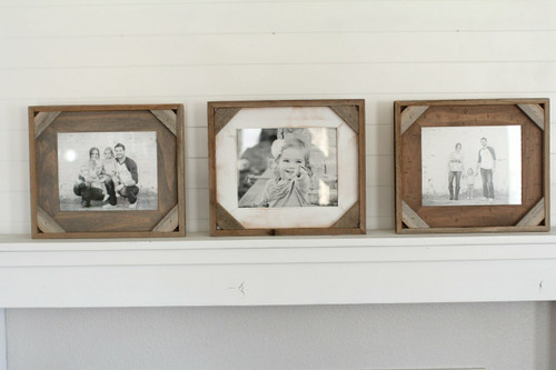 Rustic barnwood picture frame with decorative corner block accents and reclaimed wood