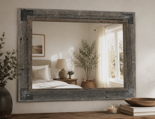 Rustic farmhouse bathroom mirror with reclaimed barnwood frame and industrial metal corner brackets hanging above a modern vanity