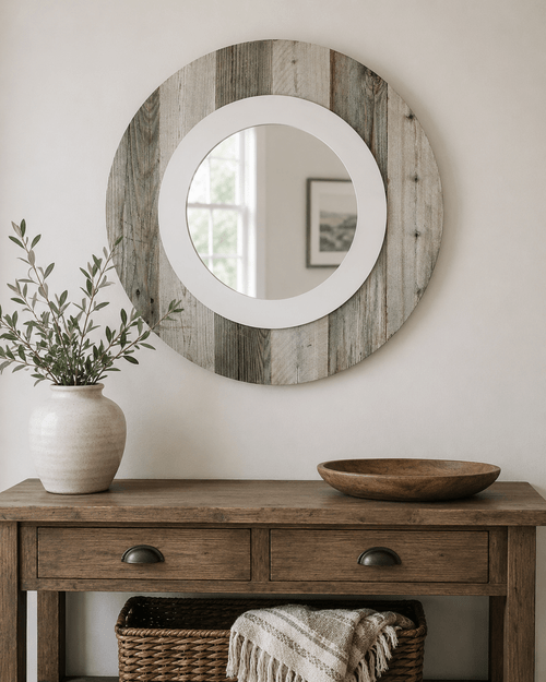 Rustic round wall mirror featuring weathered barnwood texture and modern farmhouse charm