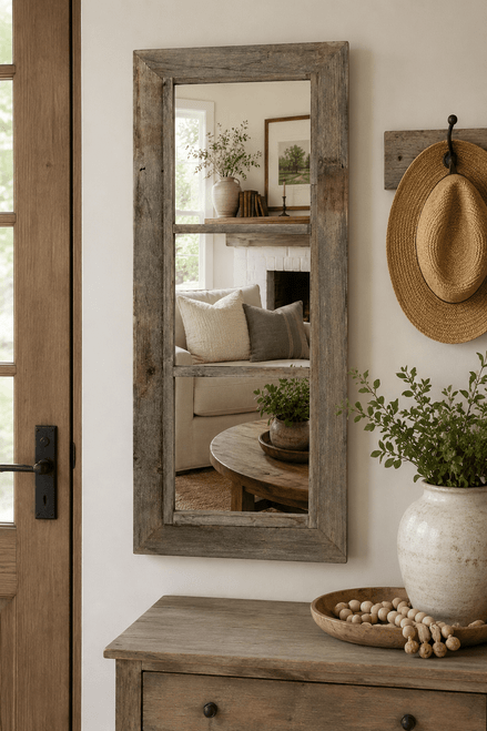 Rustic three pane barnwood mirror handcrafted for farmhouse and western home decor