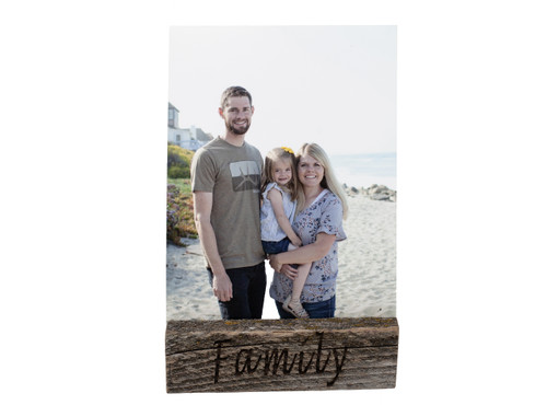 Handmade reclaimed wood 5x7 picture holder designed for tabletop display in rustic farmhouse home decor